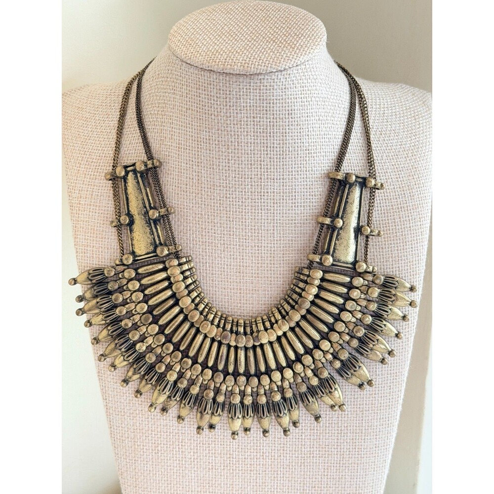 Vintage Antique Brass Egyptian Tribal Statement Collar Necklace Chunky Cleo Bib